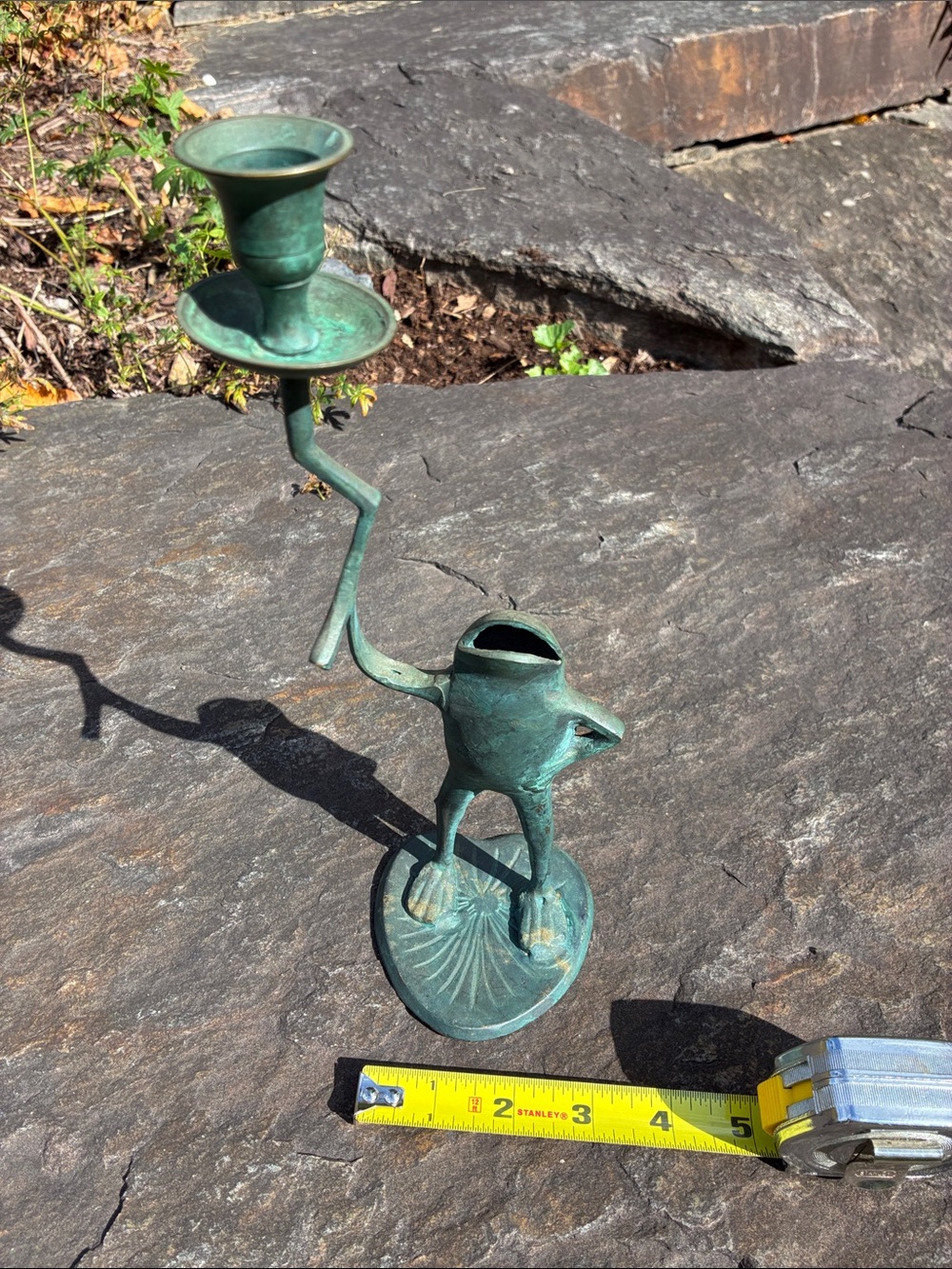 Vintage Whimsical Frog Verdigris Brass Candlestick Holder